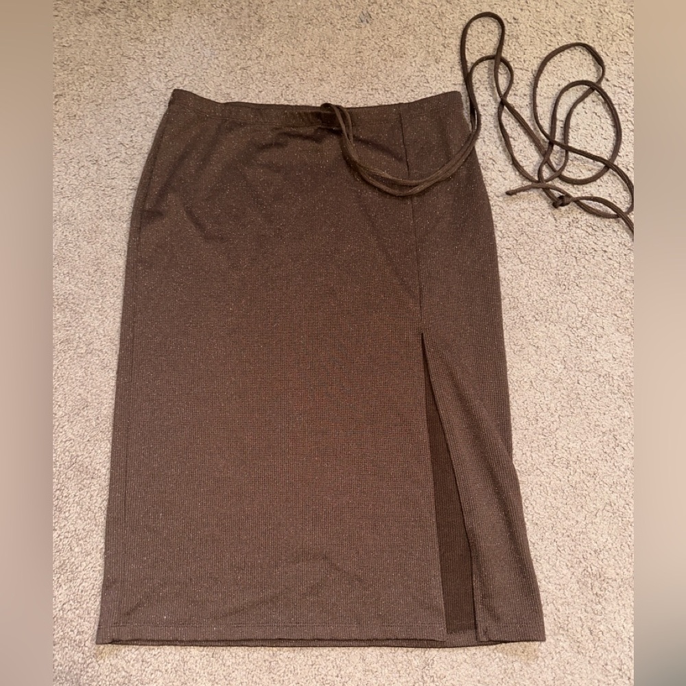 H&M brown shimmer midi skirt with slit and waist tie